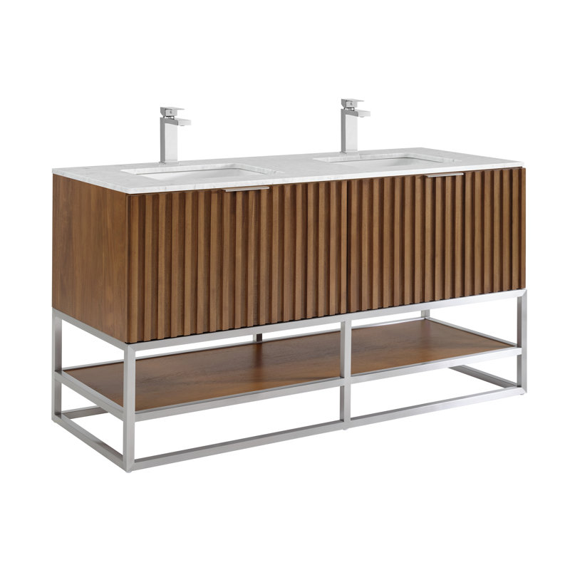 Terra 60'' Double Bathroom Vanity with Top, Walnut, Carrara Marble/Single Faucet Mount, Brushed Nickel