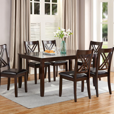 7Pcs Contemporary Dining Set With Rectangular Table And 6 X-Design Back Chairs, Espresso Finish, Comfortable Cushioned Seats, Dining Table Set