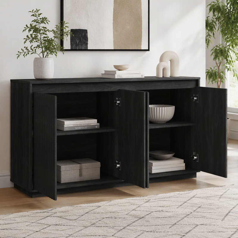 Buffet 4 portes avec prise de courant et portes texturées ondulées, Noir