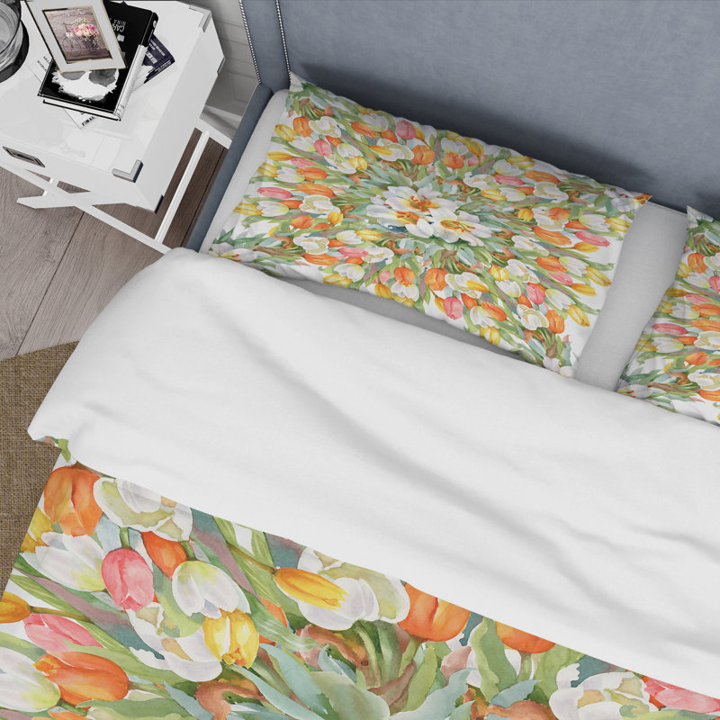 Blooming White and Orange Tulips II - Ensemble de housse de couette traditionnel - Microfibre de polyester