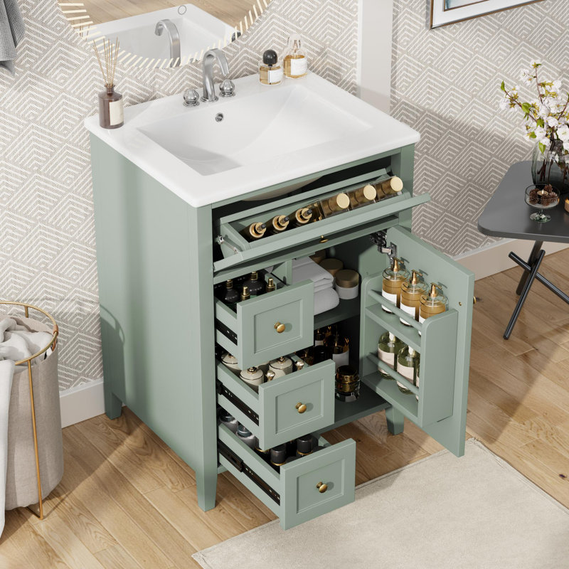 Meuble-lavabo simple 24 po avec lavabo, Vert, Doré