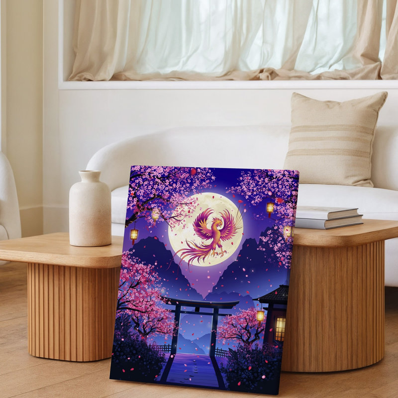 Toile, "A Majestic Phoenix Soars Grace Grace Through A Serene Twilight Sky", art mural, son plumage éclatant brillant dans des tons de rose et toile