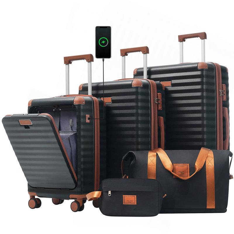 Ensemble de bagage 5 pièces avec ouverture frontale, valise de transport extensible rigide avec roulettes pivotantes, sac de rangement pour porte-gobelet USB et porte-gobelet TSA Lock