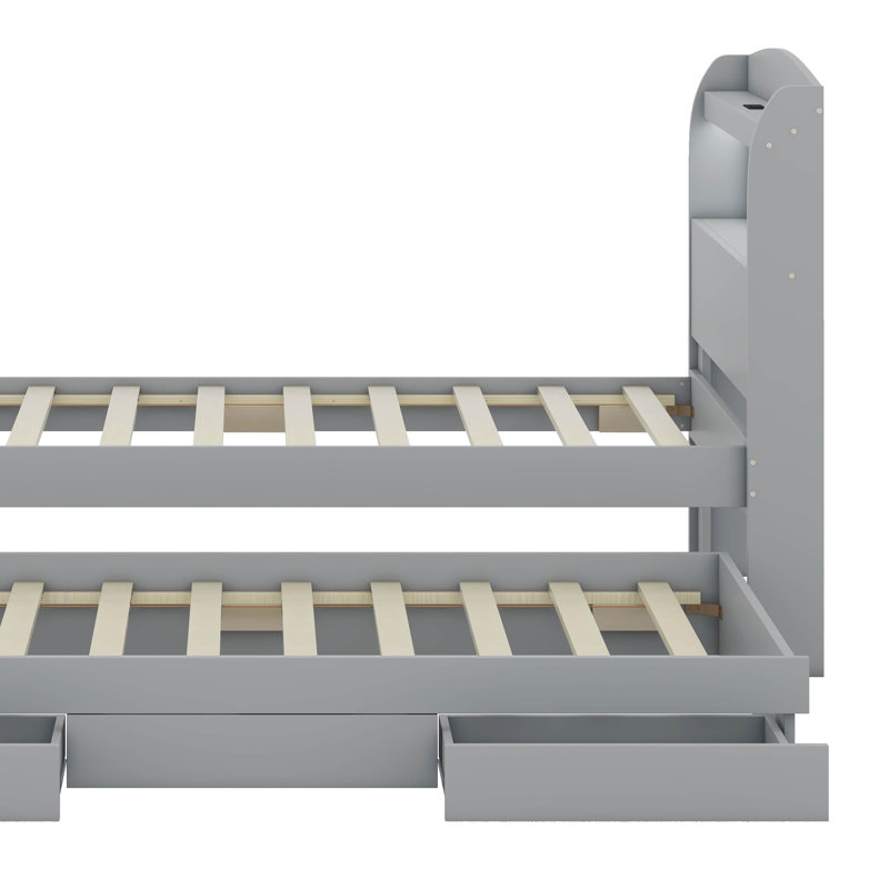 Twin XL Size Platform Bed with LED Headboard, Charging Station, Twin Size Trundle and 2 Drawers, Grey