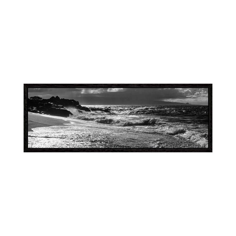 Black And White Landscape With Beach And Waves In Sea, Maui, Hawaii Islands, USA - Panoramic Print on Canvas