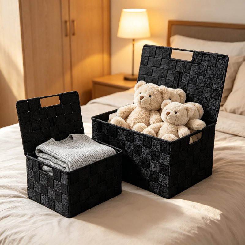 Ensemble de 3 paniers de rangement tissés noirs avec couvercles