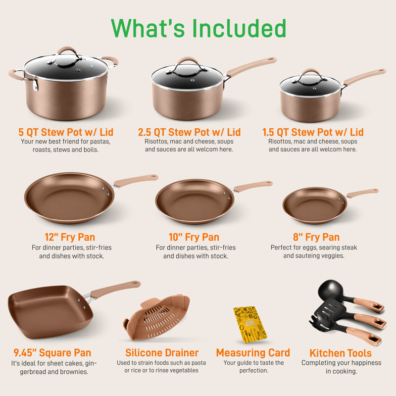 14-Piece Bronze Aluminum Non-Stick Cookware Set