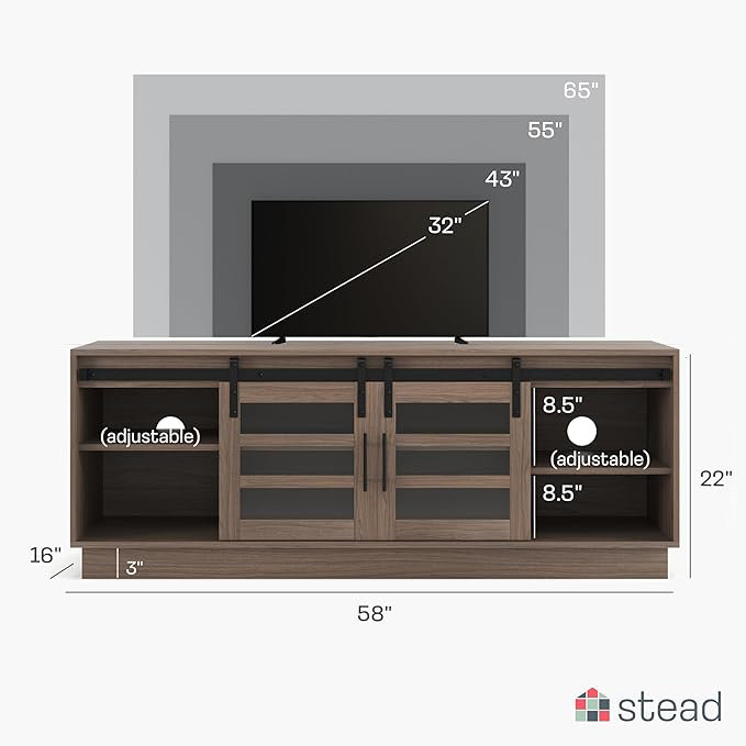 58" Modern Barn Door TV Stand, Dark Brown Wood