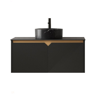 36" Bathroom Vanity&Sink, Wall-Mounted Floating Plywood Storage Cabinet, Twill Double Doors With Metal Trim, Black Round Ceramic Vessel Basin With Stone Pattern&Black Sintered Stone Top, Black