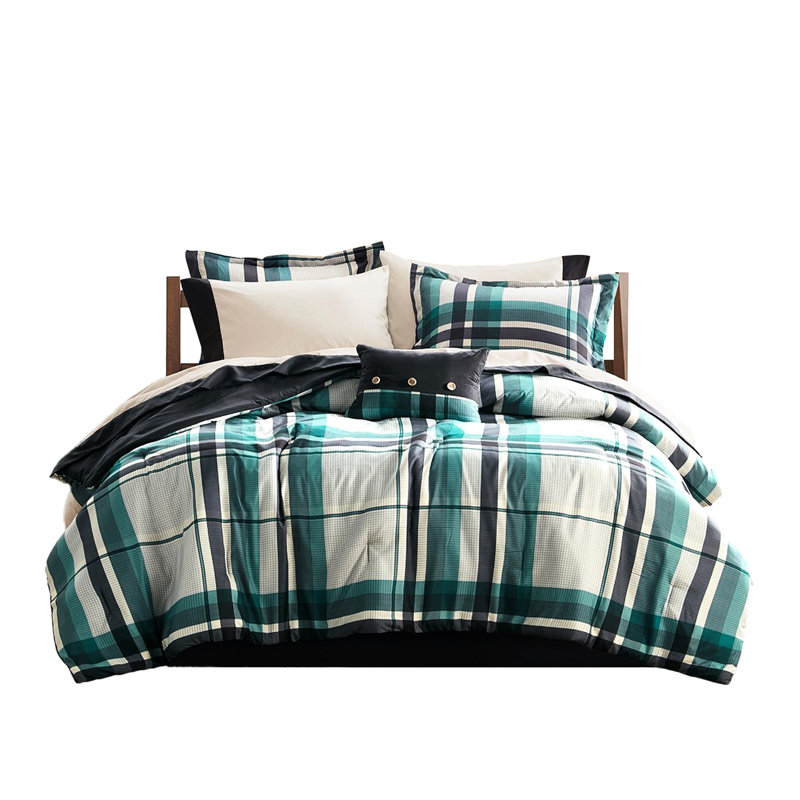 Collection d'édredon pour lit simple et de draps 7 pièces, bleu sarcelle / noir, microfibre, motif à carreaux sur taies décoratives, draps, arrangement classique