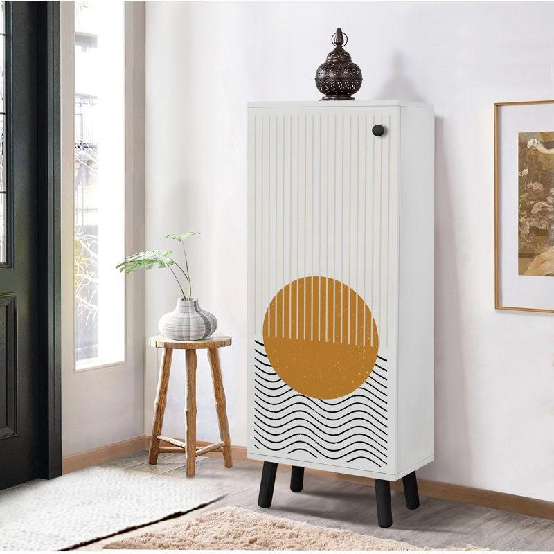 Élégante armoire à chaussures avec pieds et poignées en bois massif, blanc / noir, 19,7 x 53,1 x 15,0 pouces | Panneau 100% aggloméré mélaminé, revêtement UV, motif géométrique abstrait | Vaste espace de rangement avec de nombreuses tablettes