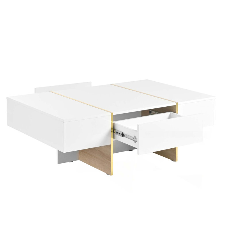 Table basse minimaliste ultra brillante avec 2 tiroirs, table de canapé rectangulaire à plusieurs rangements avec pieds en grain de bois doré, table centrale moderne pour le salon