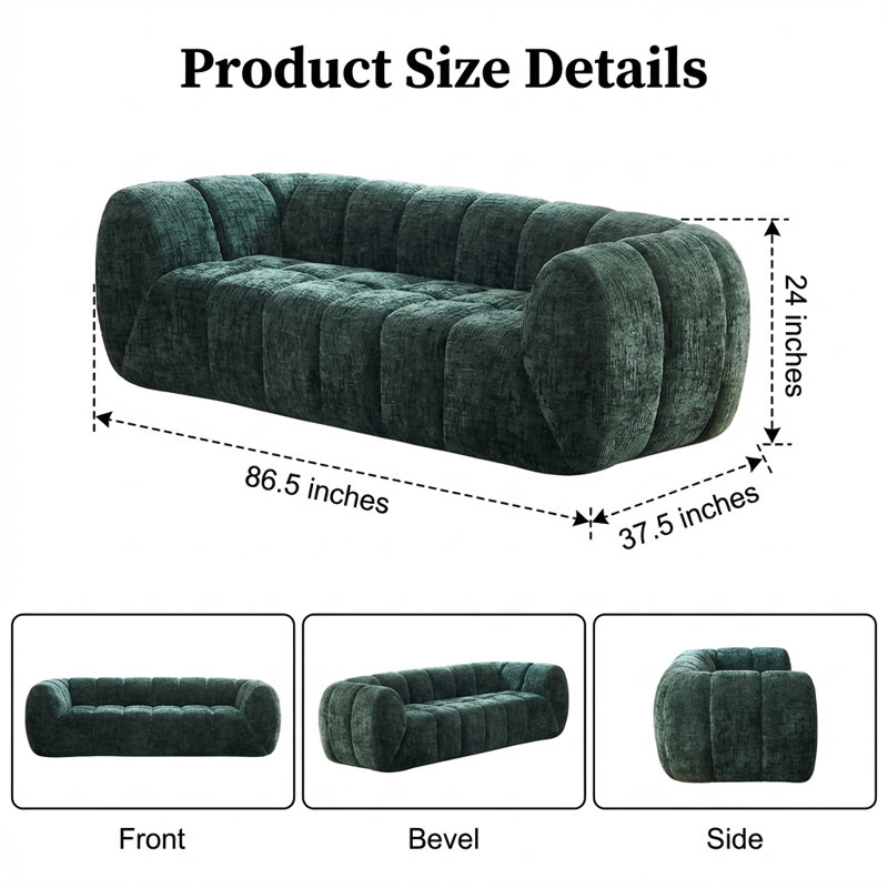 Canapé moelleux en chenille avec siège matelassé et dossier à touches piano, H 24 po x l 86,5 po x P 37,5 po, Vert, 3