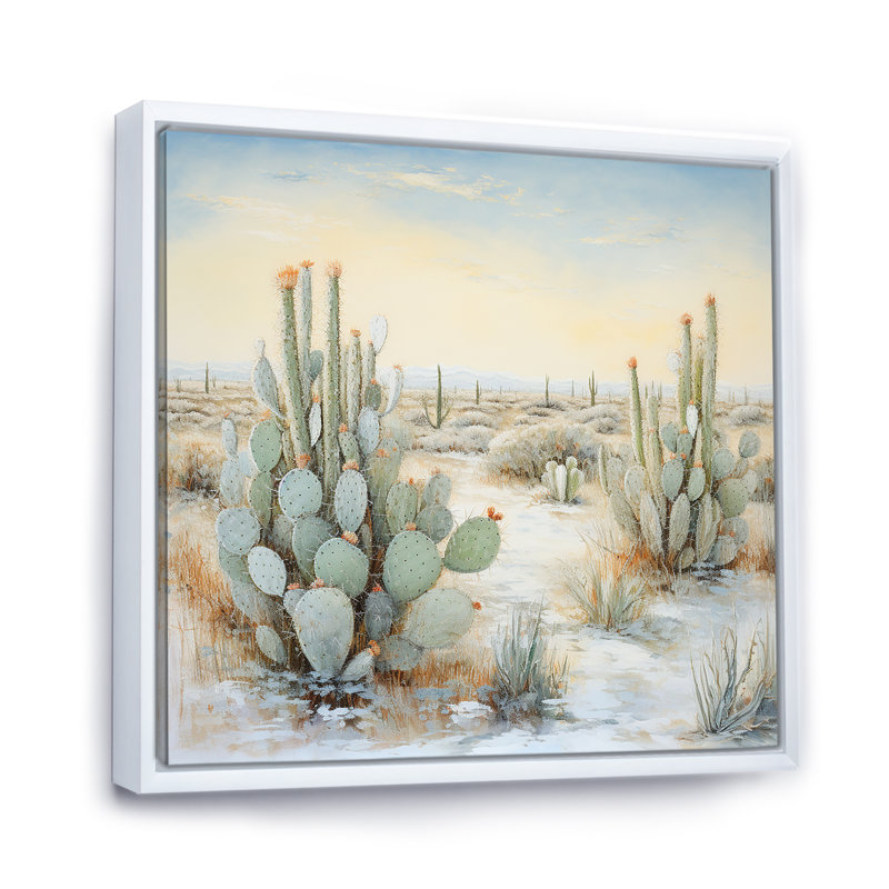 Cactus Charm In Winter I - Cactus Wall Art Living Room, H 24 po x l 24 po x P 1 po, Cadre flottant blanc
