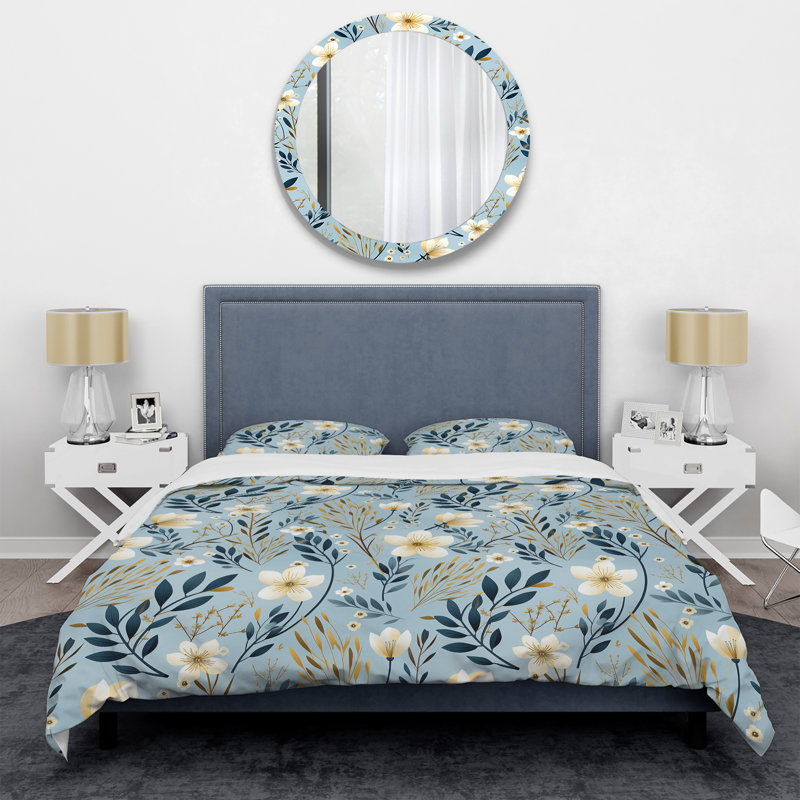 Ensemble de housse de couette à motif floral bleu et blanc, Housse de couette simple + 1 taie décorative stan