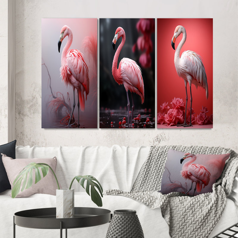 «Minimalisme flamant rose», 3 pièces sur toile, H 28 po x l 36 po, Toile tendue
