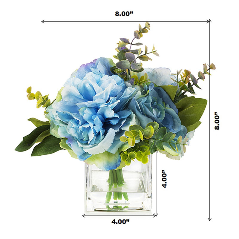 Blue Faux Silk Peony and Rose Arrangement in Glass Vase
