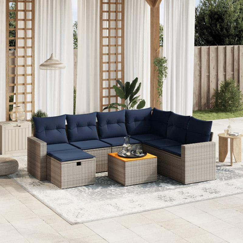 Ensemble de canapé de patio 8 pièces avec coussins en rotin de polyester, Marine, Gris