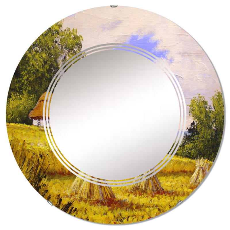 Petite maison dans la campagne pendant la récolte - Miroir mural rond, 24 po x 24 po