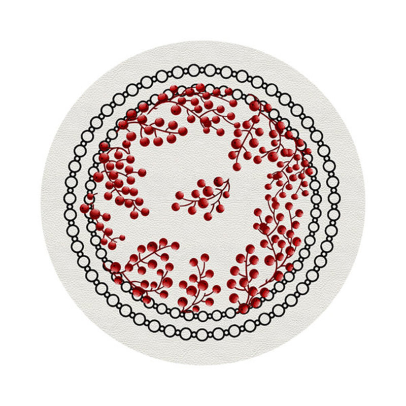 Christmas Berries Vegan Leather Round Pebble Placemat, Red White