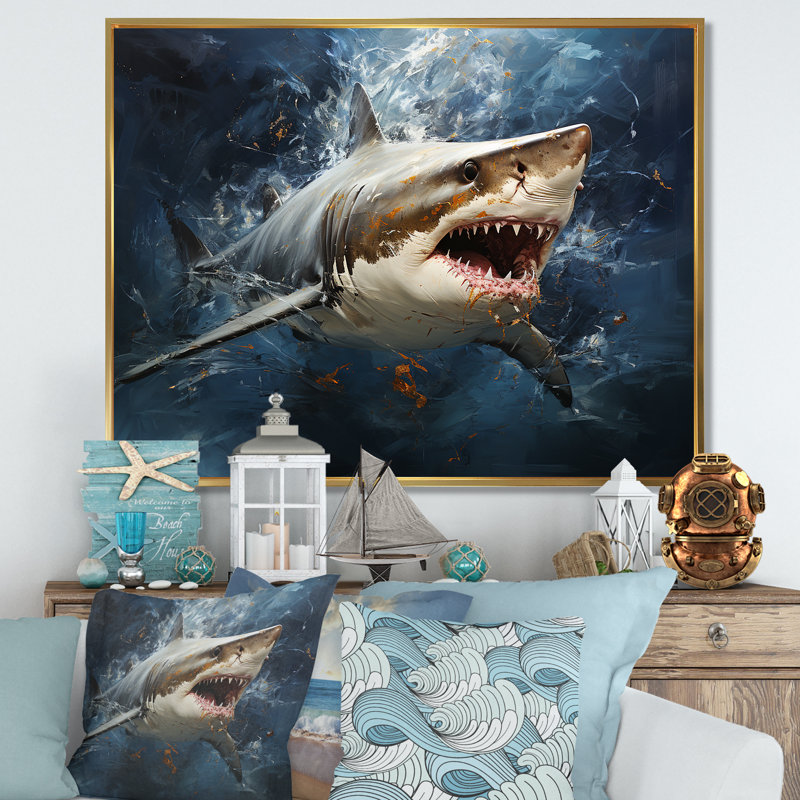 Underwater Shark Attack III - Sharkwall Art, Gold Floater Framed, 16" H x 32" W x 1" D