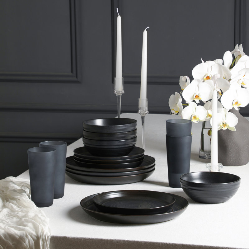 Stone Lain Elio 32-Piece Stoneware Dinnerware And Glass Drinkware Set, Black