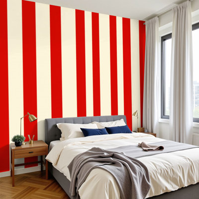 Peel and Stick Wallpaper Red White Vertical Striped Retro Circus Style Wall Murals 69"H x 96"W Removable PVC Wall Paper Self-Adhesive Wall Decor for Bedroom Living Room Home Office