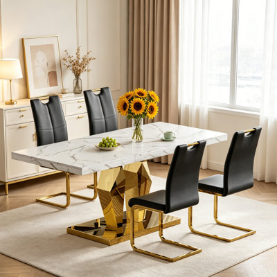 70" Faux Marble Dining Table Set, Rectangular White Kitchen Table with Faux Leather Upholstered Chairs for Kitchen & Dining Room
