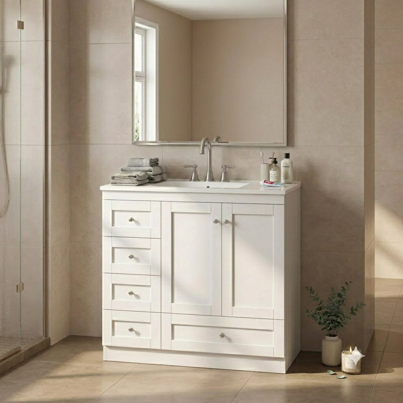 Meuble-lavabo autoportant blanc 36 po avec lavabo en céramique 36 po.