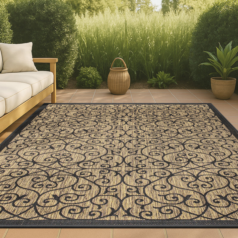 Haggerty Vintage Filigree Textured Weave Black/Khaki Indoor/Outdoor Rug, Rectangle 3'11" x 6'