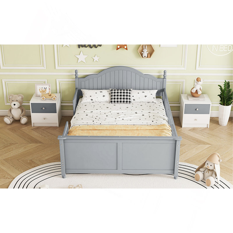 Lit pour enfants, lit plateforme en bois avec tête et pied de lit, Gris, Lit double