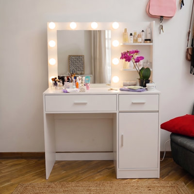 Eli White Makeup Vanity With 10 LED Bulbs, Drawers And Storage Cabinet