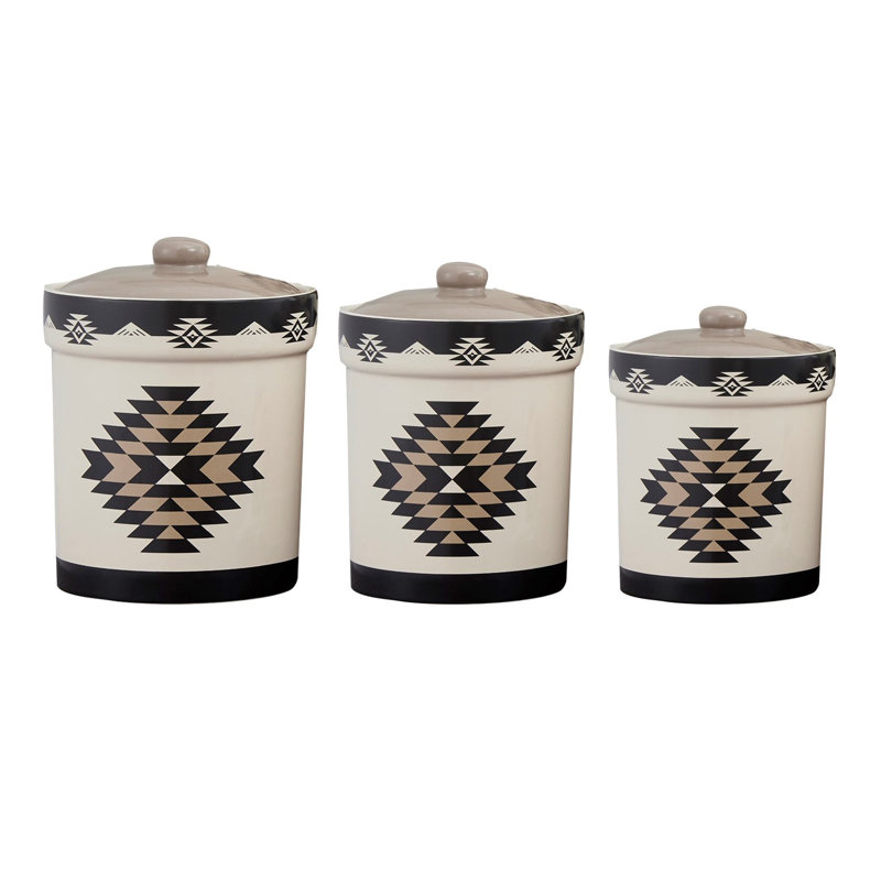 Chalet Cream/Black/Taupe Aztec Print Ceramic Southwestern Style 19 Piece Dinnerware and Canister Set