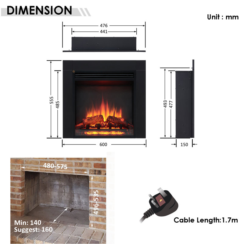 FLAMME Recessed Wall Mounted Electric Fireplace Insert, 55.5cm H x 55.5cm W x 60cm D