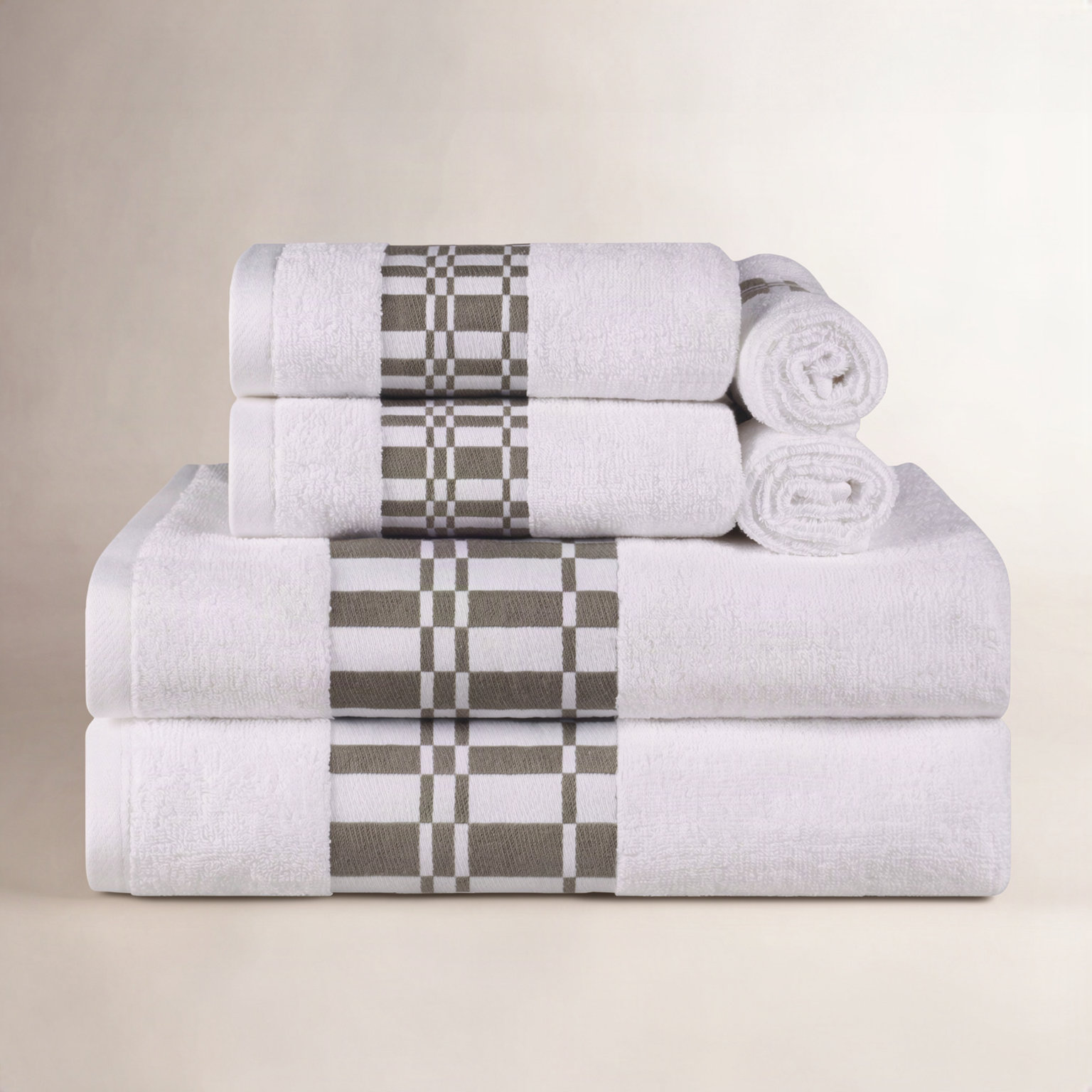 Mikira 6-Piece Geometric Border Towel Set, White/Gray
