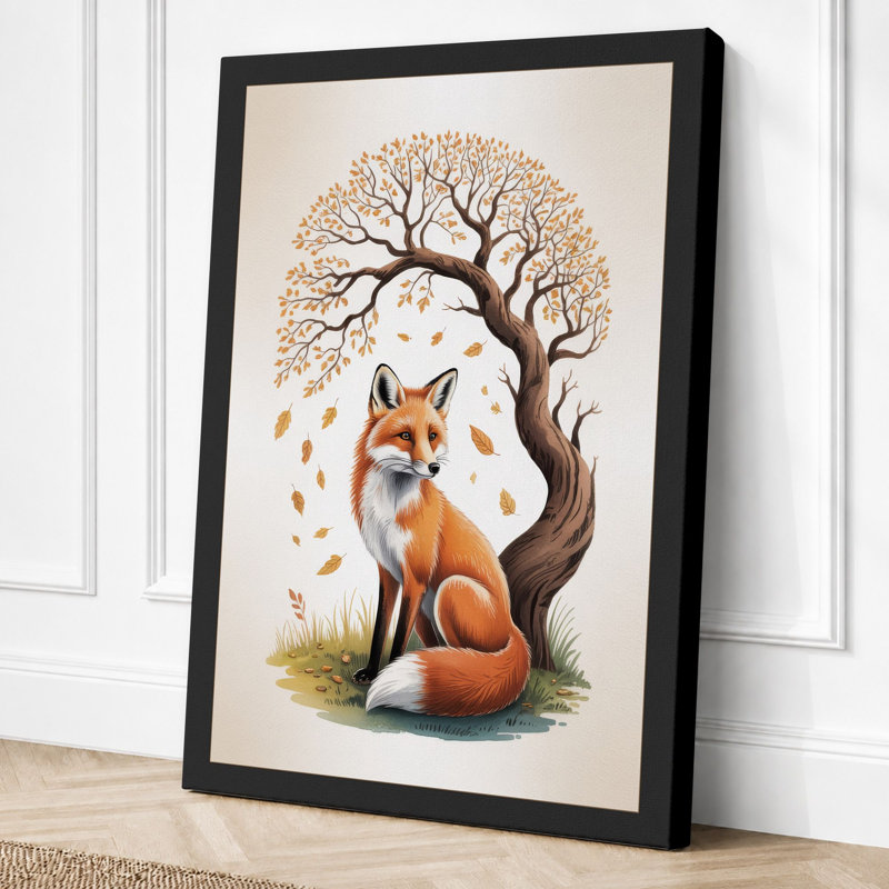 Fox Beneath Falling Leaves Boho - Print, 24x16 - 61.0 x 40.6 cm, Black Border