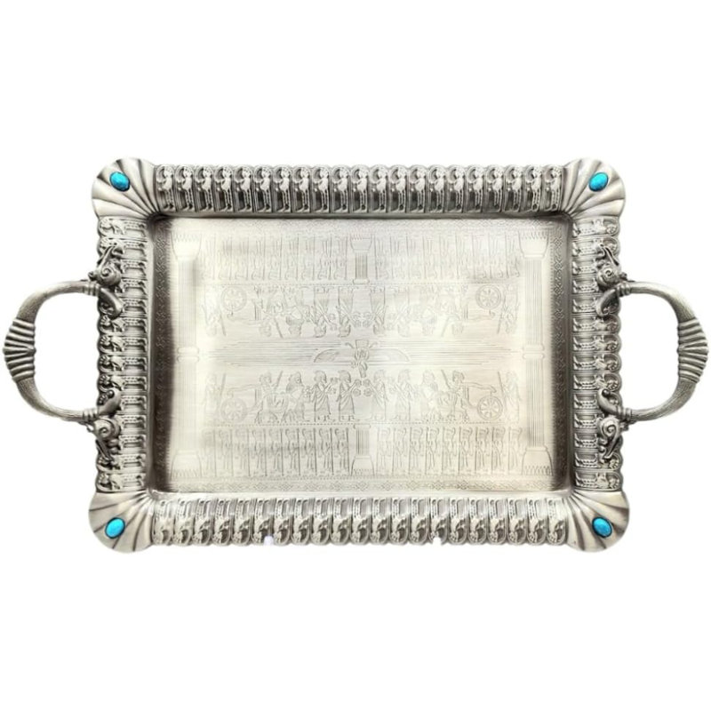 TtAk HOUSEWARE Oleyar 18.5 Inch Rectangular Metal Zinc Alloy, Tray with Persepolis Takht Jamshid Design in Matt Silver, Metal Serving Tray, Gift, Ancient Design, Modern Look