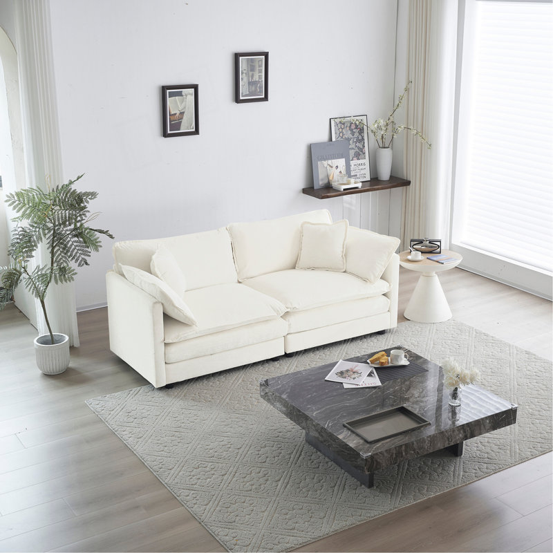 Canapé de causeuse moderne en tissu pour salon, canapé rembourré 2 places à assise profonde de grande taille avec 4 coussins, chenille blanche