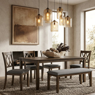 Modern Walnut 6-Piece Wooden Dining Set Rectangular Table, 4 Chairs & Bench, Seats 6 for Kitchen Dining Room