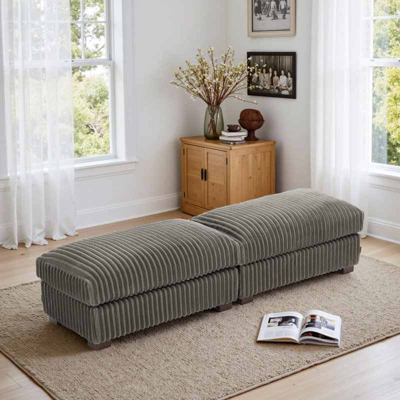 Upholstered Light Gray Faux Rabbit Fur Flannel Rectangle Ottoman, Light Gray