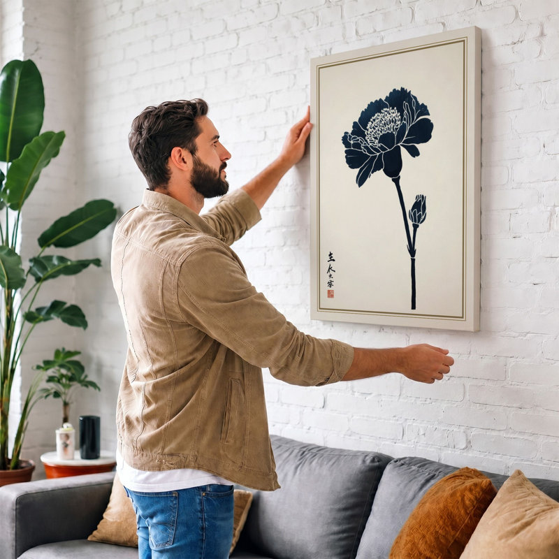 Carnation in Ink Japandi - Wrapped Canvas, 18x12 - 45.7 x 30.5 cm, Taupe Border