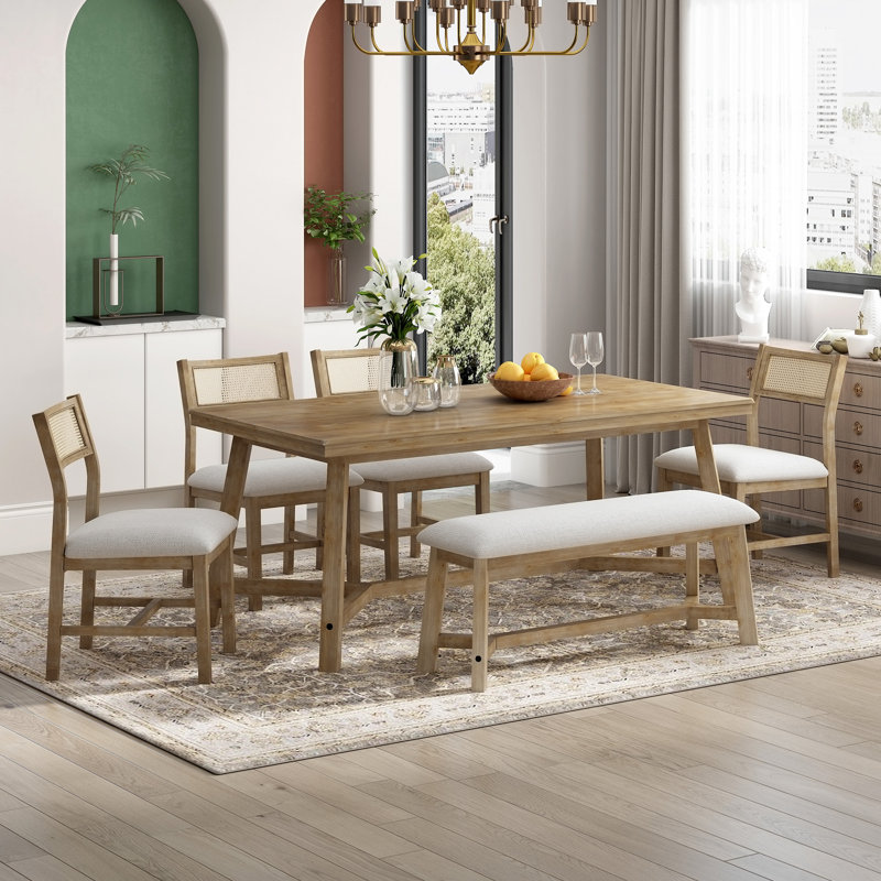6-Piece Retro Farmhouse Style Dining Set, Natural Wood Wash, Natural Wood Wash, White