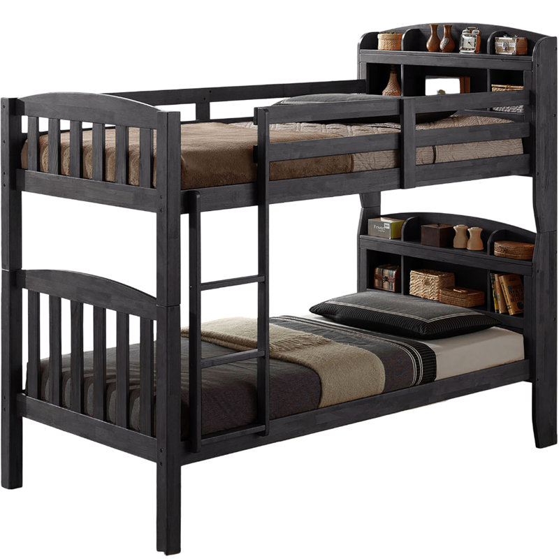 Lit simple superposé au-dessus gris avec finition transitionnelle, bois massif et bois d'ingénierie, têtes de lit bibliothèque, style gris, avec lattes et design convertible