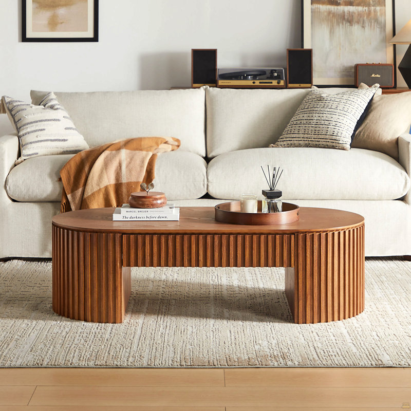 51.18'' Oval Wood Coffee Table With Drawer, Brown