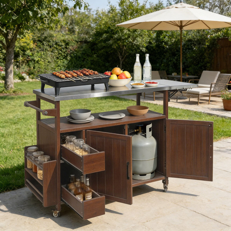 54.33" Outdoor Kitchen Island  With Stainless Steel Top, Brown