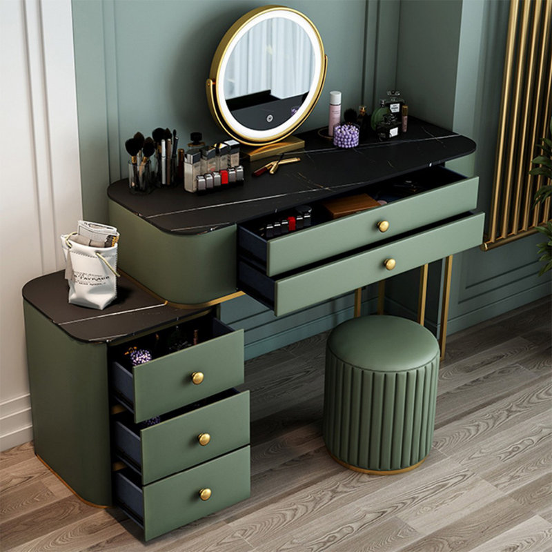 Coiffeuse de maquillage avec miroir lumineux, 5 tiroirs, prise de courant