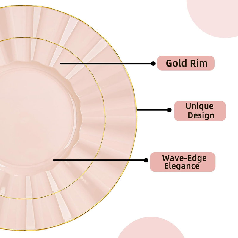 120 assiettes ondulées en plastique rose rosé avec bordure dorée 120 pièces