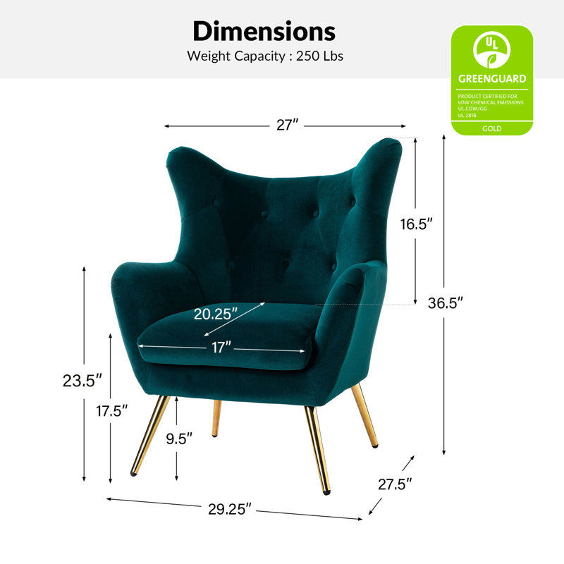 Fauteuil à oreilles 29,25 po Avianna, Velours sarcelle