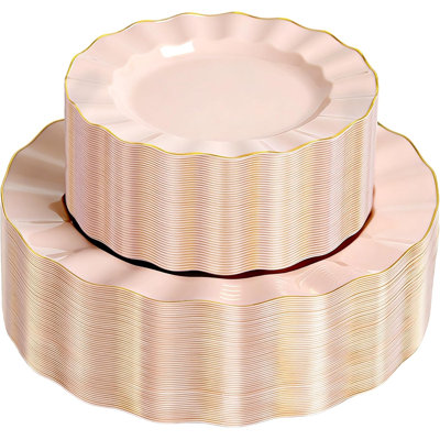 120 Pcs Blush Pink Plastic Wavy Plates with Gold Rim