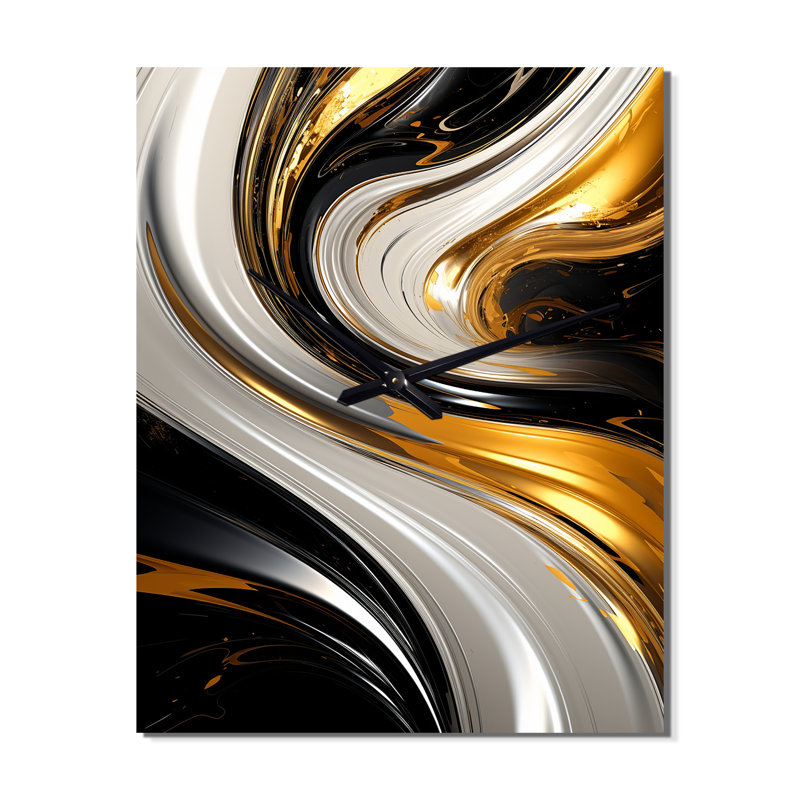 Horloge murale à spirale abstraite liquide et or noir et blanc, H 28 po x l 12 po x P 1 po